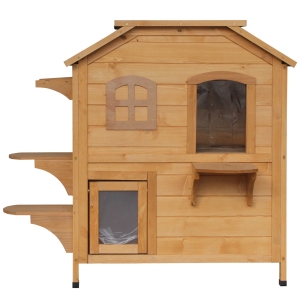 PawHut Solid Wood Cat House 2-Stories, with Indoor Lounge Space, Indoor/Outdoor, and Fun Entrances, Catio, Natural