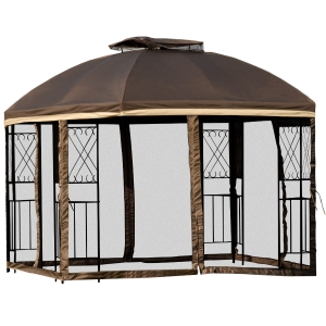 Outsunny 10' x 10' Outdoor Patio Gazebo Canopy with Double Tier Roof, Removable Mesh Curtains, Display Shelves, Brown