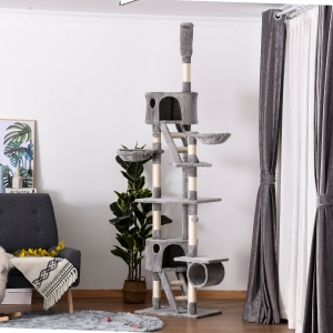 PawHut 94"-102" Huge Cat Tree Ceiling High Cat Condo Scratching Post Activity Center Multi-Level Play House Light Grey