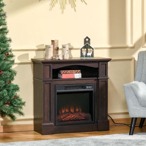 HOMCOM Electric Fireplace with Mantel, Freestanding Heater Corner Firebox with Log Hearth, Shelf and Remote Control, 1400W, Brown