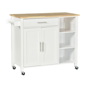 HOMCOM Wooden Rolling Kitchen Island on 360° Swivel Wheels Dining Cart with Drawer for Kitchen, White