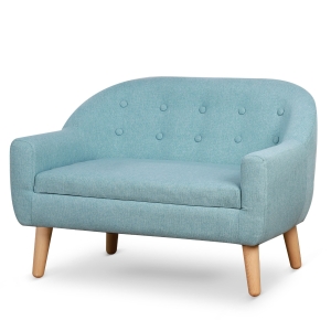 Qaba 2-Seat Linen Fabric and Wooden Frame Sofa for Kids and Toddlers Ages 3-6, 11" High Seat - Blue