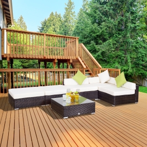 Outsunny 6pc Deluxe Garden Wicker Sectional Sofa Set Outdoor Rattan Chaise Lounge Patio Furniture All Weather Resistant w/ Cushion Seat
