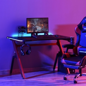 HOMCOM 47" Gaming Desk with LED Lights, Home Office Gaming Table, Computer Table with Hook, Cup Holder, Controller Rack & Cable Management