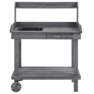 Outsunny 36" x 18" x 47'' Wooden Potting Bench Work Table with 2 Removable Wheels & Large Storage Spaces - Grey