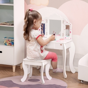 Qaba Kids Vanity Table & Stool Girls Dressing Set Make Up Desk with Tri-folding Mirrors Drawer Star & Heart Pattern White