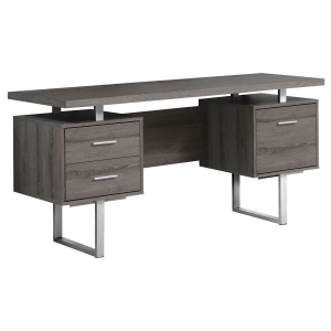 Monarch 60" Contemporary Floating Top Hollow-Core Office Desk with 2 Storage Drawers and File Drawer - Dark Taupe / Silver Metal