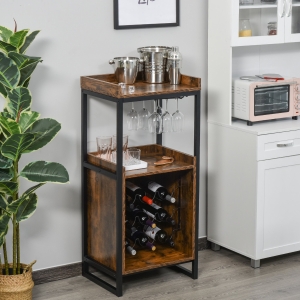 HOMCOM Retro Industrial 9-bottle Wine Rack Storage Cabinet Serving Bar Wood Buffet with Glass Holders