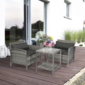 Outsunny 3 Pieces Patio Wicker Coffee Table Set Bistro Conversation Furniture with Cushion for Patio Yard Porch Grey