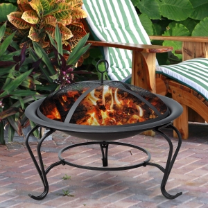Outsunny 22" Round Fire Pit with Poker and Spark Screen Wood Burning Patio Fireplace Black