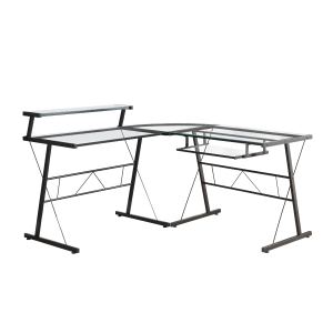 Monarch L-Shaped Contemporary Glass Top Computer Desk Workstation - Black Metal