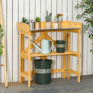 Outsunny Outdoor Garden Potting Bench Table Foldable Work Bench w/ Open Shelf Metal Tabletop Natural Wood Frame 33.5"x17.25"x35" Yellow