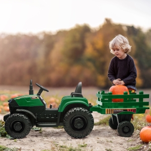 Aosom Ride On Tractor 12 V Kids Electric Battery Powered Agricultural Toy Car with Back Trailer, Adjustable Speed, 10 LED Headlights, Green