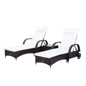 Outsunny 3 Pieces Patio Wicker Chaise Lounge Chair Set, Adjustable Outdoor PE Rattan Cushioned Lounge Set of 2 with Armrests, Side Table & Moving Wheels, Brown
