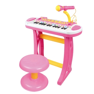 Qaba Kids Toddler Toy Piano Keyboard with Included Sitting Stool, Working Microphone, Light Function - Pink