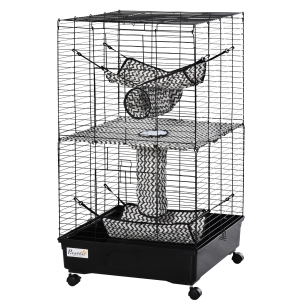 PawHut Small Animal Cage Habitat for Ferret with Wheels Hammocks Tunnels and 3 Doors - Black