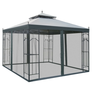 Outsunny 10' x 10' Steel Outdoor Patio Gazebo Canopy with Removable Mesh Curtains, Display Shelves & Steel Frame - Grey