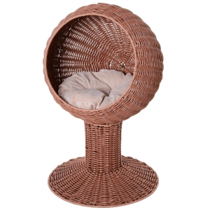 PawHut 28" Hooded Rattan Wicker Round Elevated Condo Cat Bed with an Elegant Design & Included Cushion - Brown