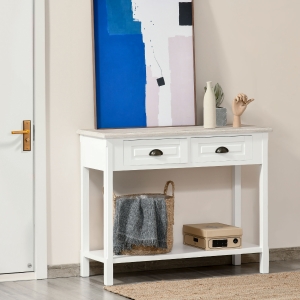 HOMCOM Console Table with 2 Storage Drawers and Open Shelf, Vintage Distressed Sofa Table for Hallway, Living Room, Bedroom, White