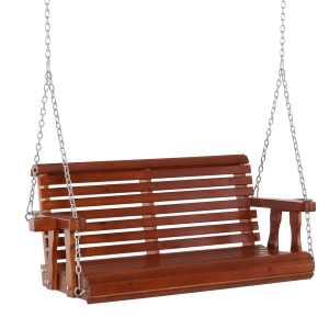 Outsunny 2-Person Outdoor Porch Swing Bench with 2 Built-In Cup Holders, Slatted Design, & Chains Included - Brown