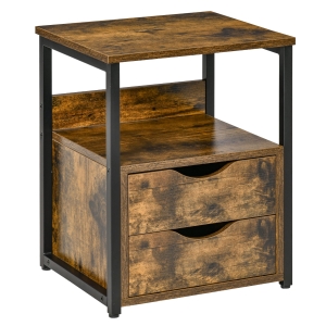 HOMCOM Industrial Side Table, End Table with 2 Storage Drawers Accent Piece for Living Room, Bedroom, Brown