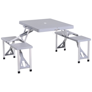 Outsunny Portable Foldable Camping Picnic Table with Seats Chairs and Umbrella Hole, 4-Person Fold Up Travel Picnic Table, Grey