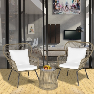 Outsunny 3 Pieces Outdoor Patio Bistro Set Wicker Rattan Furniture 2 Chairs 1 Coffee Table with Metal Legs for Garden Backyard Deck Coffee and White