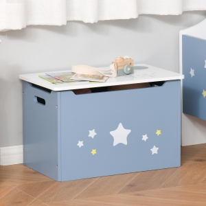 Qaba Kids Wooden Toy Storage Box Organizer Chest with Gas Stay Bar Seating Bench 21.75" x 13.5" x 14" Blue