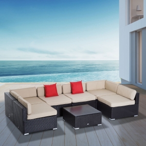 Outsunny 7pcs Wicker Patio Furniture Sectional Sofa Set Cushioned Seat Backyard