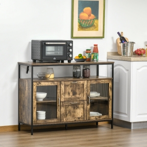 HOMCOM Kitchen Sideboard Industrial Style Serving Buffet Storage Cabinet Cupboard with Adjustable Shelves, Glass Doors, 2 Drawers for Dining, Living Room, Rustic Brown
