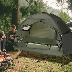 Outsunny 4-in-1 Multi-functional Outdoor Compact Folding Shelter Tent Hiking Camping Bed Cot Combo with Sleeping Bag Air Mattress Pillow, Army Green