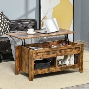 HOMCOM Lift Top Coffee Table with Hidden Storage Compartment and Open Shelves, Lift Tabletop Pop-Up Center Table for Living Room, Rustic Brown
