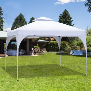 Outsunny 10'x10' Easy Pop-Up Party Tent 2 Tire Top Outdoor Gazebo Canopy Sun Shade Fair Event Instant Shelter Vented Roof w/ Carrying Bag White