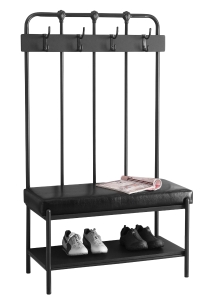 Monarch 60" Contemporary Padded Seat Hall Entry Shoe Bench with Coat Storage Hooks - Charcoal Grey Metal
