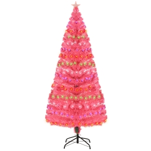 HOMCOM 6ft Tall Fir Artificial Christmas Tree with Realistic Branches, 230 Multi-Color Fiber Optic LED Lights and 230 Tips, Pink