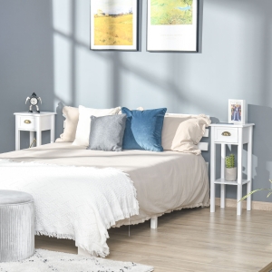 HOMCOM 2 Tier Side Table, Set of 2, Narrow Tall End Table with Drawer and Shelf, Slim Wooden Nightstand for Living Room, Bedroom, Hallway, White
