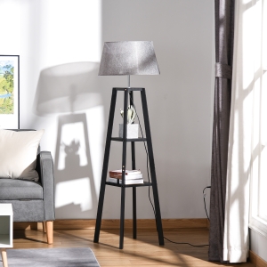HOMCOM Modern Design Floor Lamp with Three Shelves and Linen Shade Reading Lights for Living Room, Bedroom, Study Room and Office