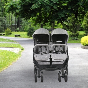 Qaba Side by Side Baby Double Stroller for Toddlers Twin Pushchair with Adjustable Backrest Foot Holder Canopy Safety Harness and Storage Basket Shock Suspension Grey