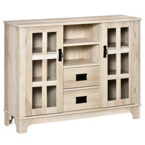 HOMCOM Sideboard Storage Cabinet, Kitchen Cupboard Buffet Server with Glass Doors, 2 Drawers & Adjustable Shelves for Living Room, White Oak