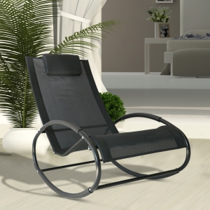 Outsunny Patio Texteline Rocking Lounge Chair Orbital Zero Gravity Rocker Outdoor Recliner Seat w/ Padded Pillow Black