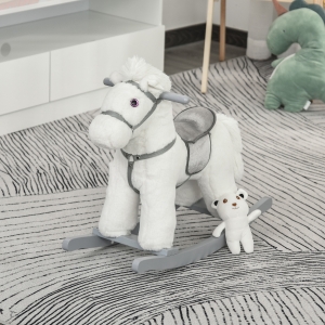 Qaba Kids Plush Ride-On Rocking Horse with Bear Toy, Children Chair with Soft Plush Toy & Fun Realistic Sounds, White