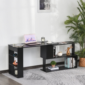 HOMCOM 360° Rotating Corner Desk L-Shaped PC Workstation Student Writing Table with Storage Shelf Home Office Black