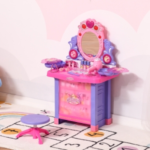 Qaba Kids Vanity Table & Stool Pretend Playset Dressing Table Set with Mirror Light Sound Working Hair Dryer Makeup Accessories for Toddlers Girls Age 3 to 6 Years Old