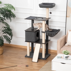 PawHut 58" Huge Cat Tree Kitty Activity Center Cat Climbing Toy Rest Pet Furniture with Sisal Scratching Post Pad Condo Bed Perch Ladder Hanging Ball Dark Grey