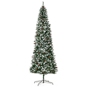 HOMCOM 9ft Pre-Lit Snow-Flocked Artificial Christmas Tree with Realistic Branches, 460 LED Lights, Pine Cones, Red Berries and 1298 Tips