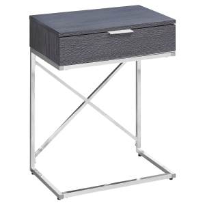 Monarch 24" Contemporary End Table Night Stand with Large Storage Drawer and Metal X-Design Frame - Grey / Chrome Base