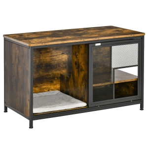PawHut Wooden Cat House End Table, Elevated Kennel Pet Bed w/ Removable Cushion, Brown