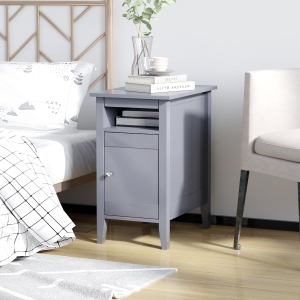 HOMCOM Wooden3-Tier Modern Nightstand with Pullout Shelf, Adjustable Open Shelf, and Door Cabinet, Grey
