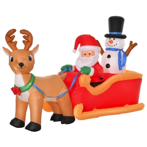 HOMCOM 4ft Christmas Inflatable Santa Claus on Sleigh with Deer, LED Lit for Decoration