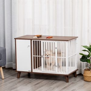 PawHut Furniture Style Dog Crate, Pet Cage Kennel End Table, Indoor Decorative Dog House, with Wooden Top, Door, for Small Dogs, Brown